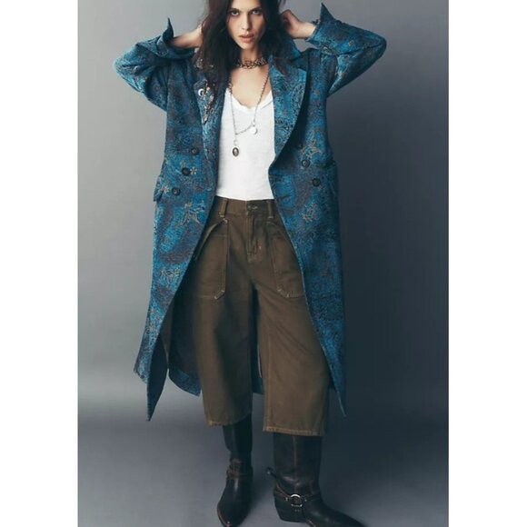 Free People Micah Duster Coat Womens S Boho Chic Tapestry Vintage Old World - Picture 2 of 10